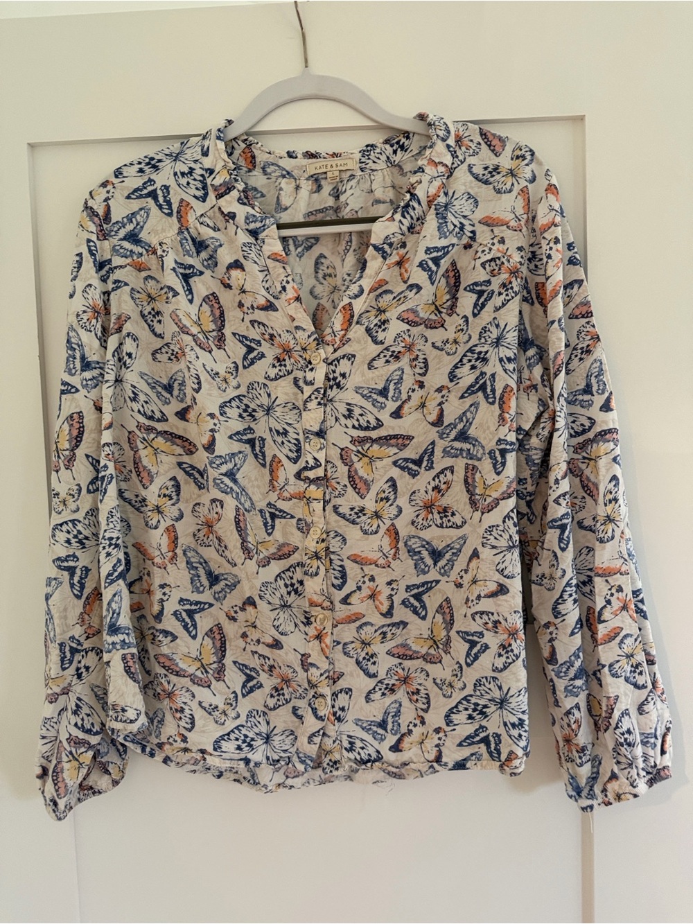 Anthropologie Kate & Sam Butterfly-Print Cream Button-Front Blouse